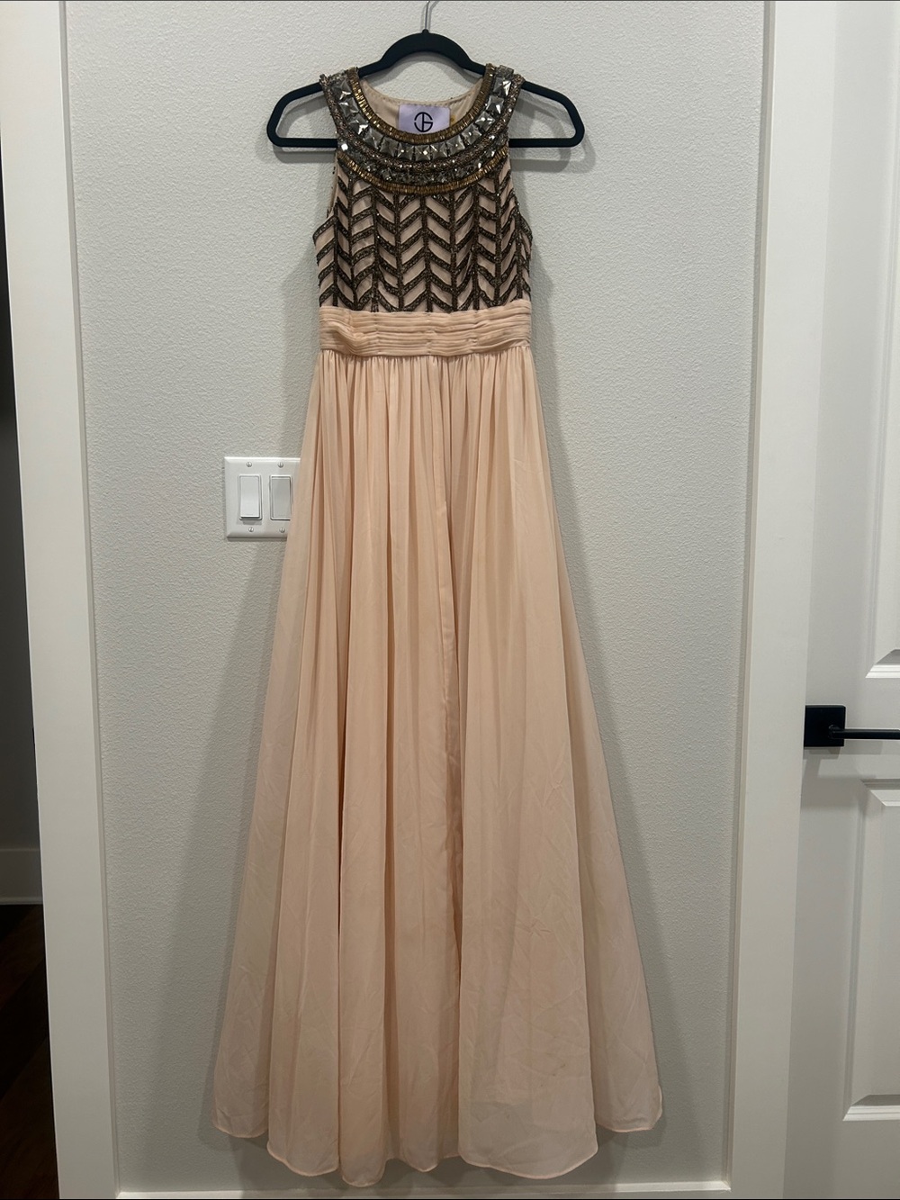 Gorgeous JS Collections Blush and Gold Beaded full length gown